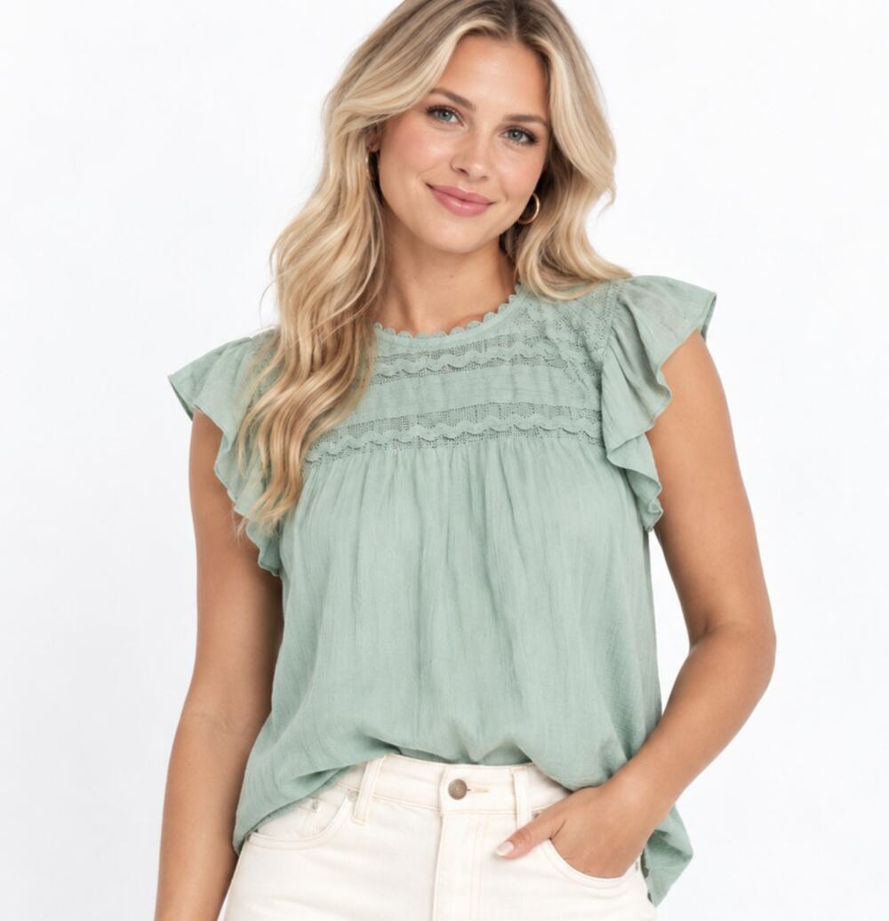 Daniel Rainn Raegan Top Womens Medium Sage Green Flutter Sleeve Ric Rac Boho